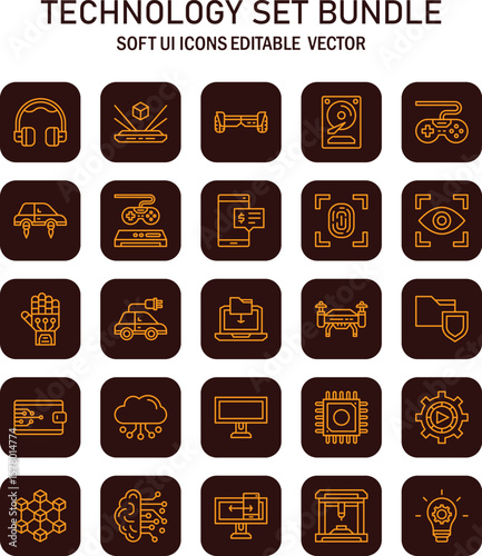 Technological Collection: A Set of Vector Icons Representing Modern Digital Innovation and Connectivity in Soft UI