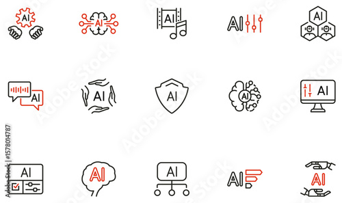 Vector set of linear icons related to neural networks,  AI integration, automation, digital innovation for technology presentations, apps, websites and infographics - part 3