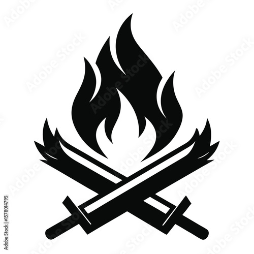 Black fire and crossed swords symbol flames burning