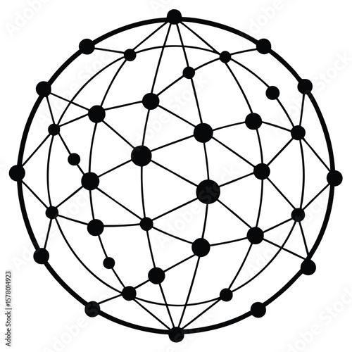 Black geometric network sphere with interconnected nodes connections