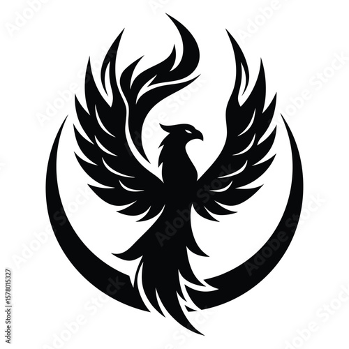 Black phoenix bird with crescent moon and flame wings white