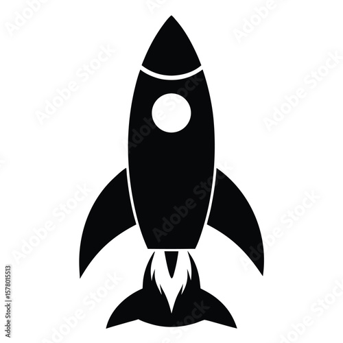 Black rocket ship with white circle and fiery exhaust spacecraft spaceship