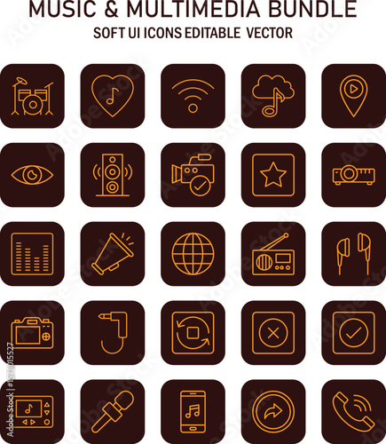 Collection of minimalist outline icons for music and multimedia applications, focusing on a user interface concept