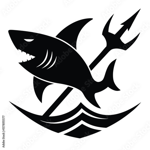 Black shark with trident and waves ocean