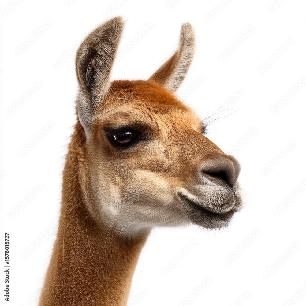 Obraz premium Elegant brown llama portrait with alert ears and gentle expression against clean white background, perfect for wildlife conservation or South American tourism