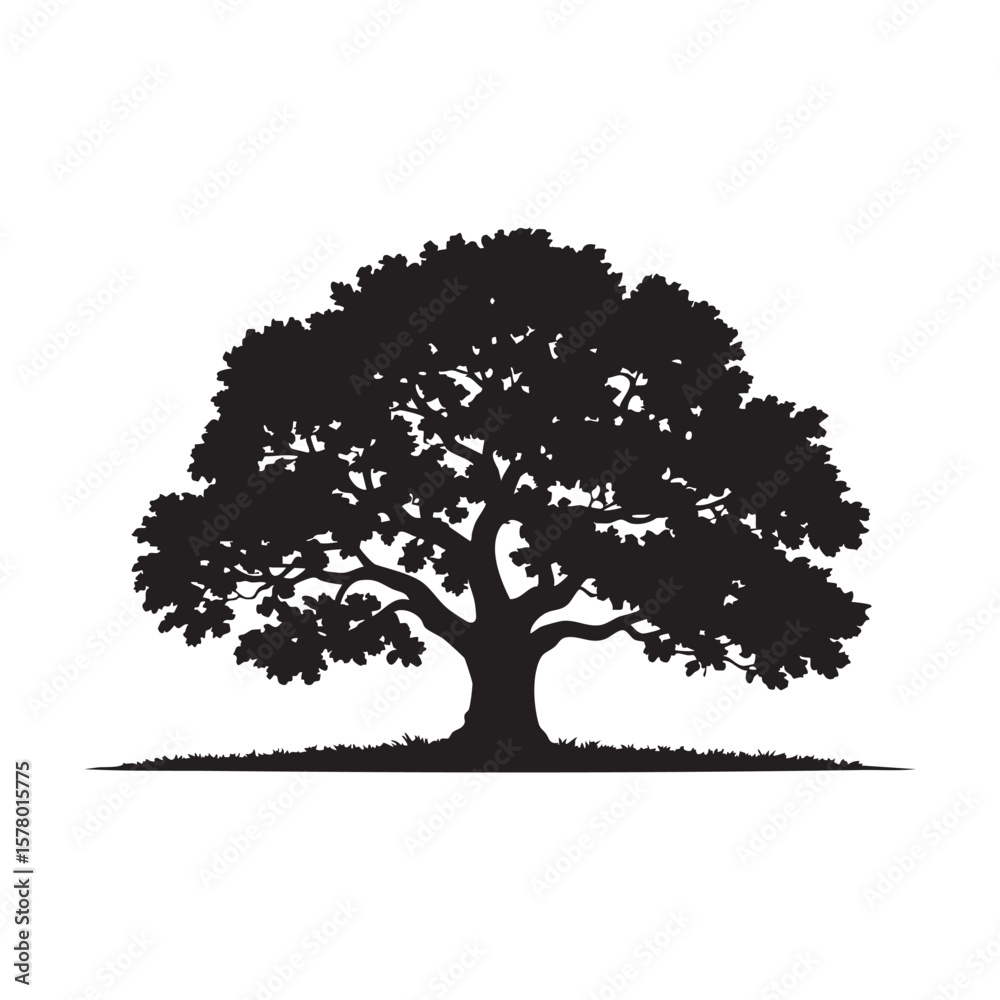Fototapeta premium Black Silhouette Of A Majestic Tree Vector Illustration With Detailed Branches And Leaves On White Background