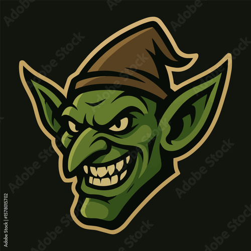Vector green goblin face with sinister smile and hat.