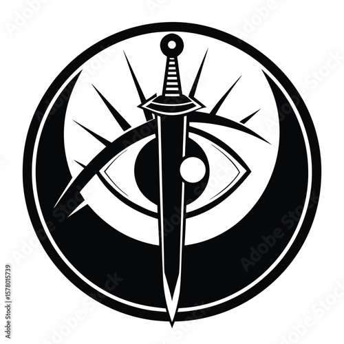 Black sword piercing an eye within a circle with crescent and rays vector