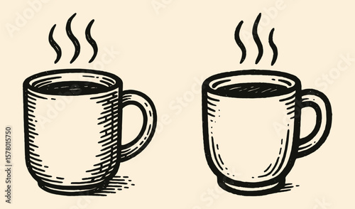 Vector drawing of two hot coffee cups with vintage lines.