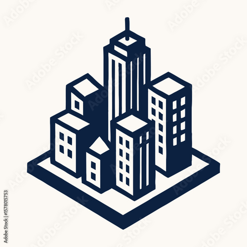 Vector isometric cityscape with tall buildings and block.