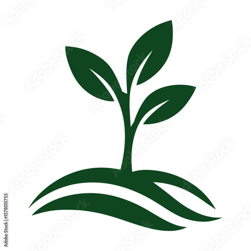 Vector of green sprout on stylized land with three leaves.