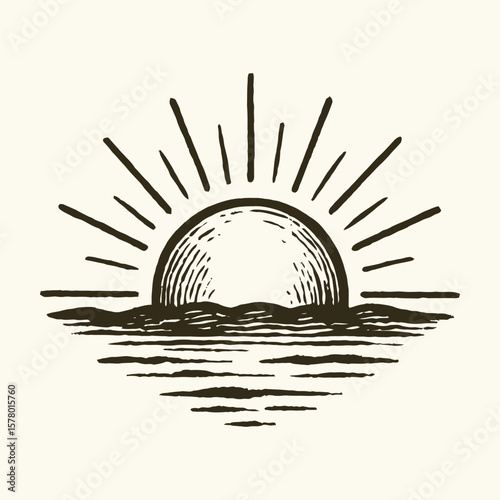 Vintage sunrise illustration with ocean waves and sun rays.