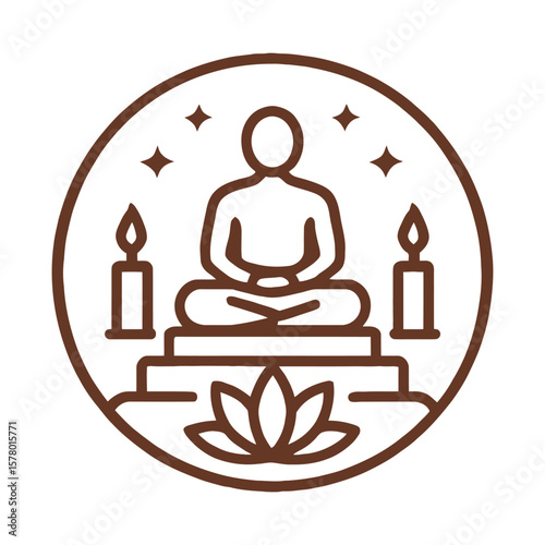 Meditation icon with candles, stars, and lotus symbol.