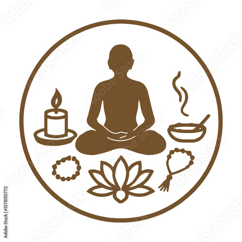 Spiritual wellness icon with bowl, beads and lotus.