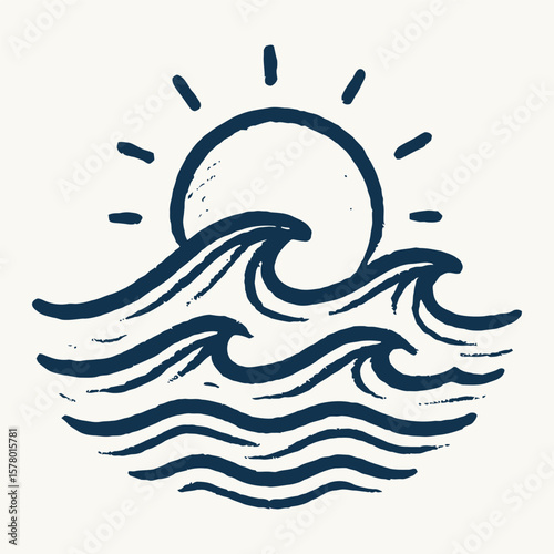 Ocean waves and sun hand-drawn vintage vector art.