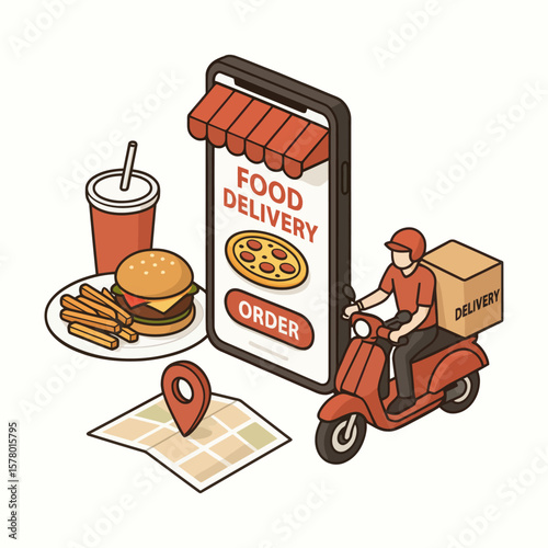 Online food delivery on scooter vector illustration.
