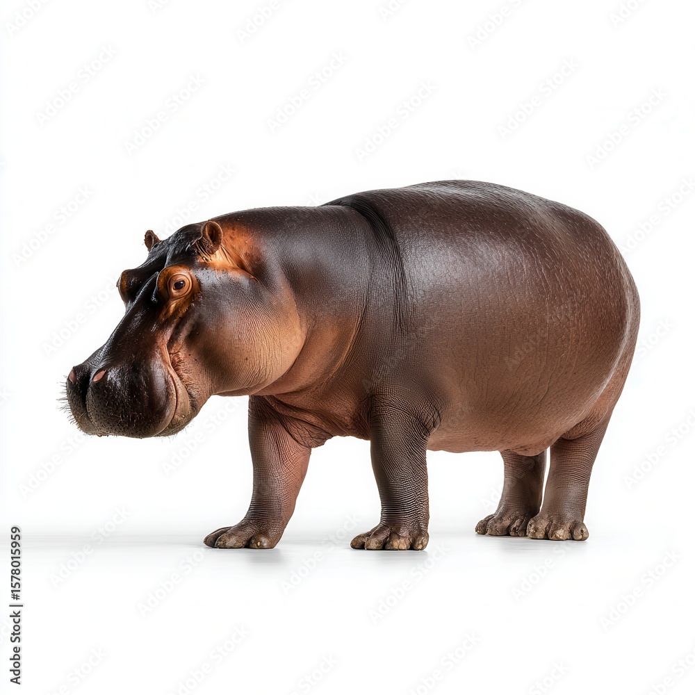 Fototapeta premium Detailed realistic hippopotamus figurine against white background with lifelike texture, anatomical accuracy, and natural pose for wildlife education, toy collection, or home decor