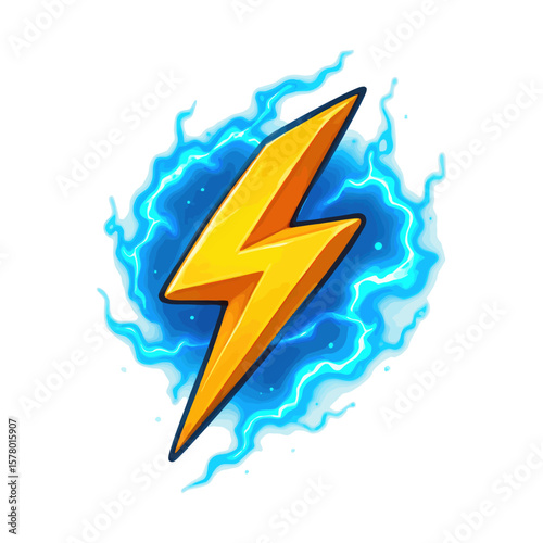 Lightning bolt with glowing blue electricity, vector art.