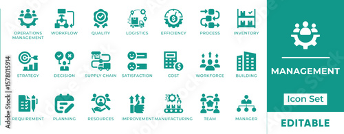 Operations Management Icon Set. Features icons for workflow, planning, logistics, KPI, optimization, and process control. Perfect for business and strategy visuals.