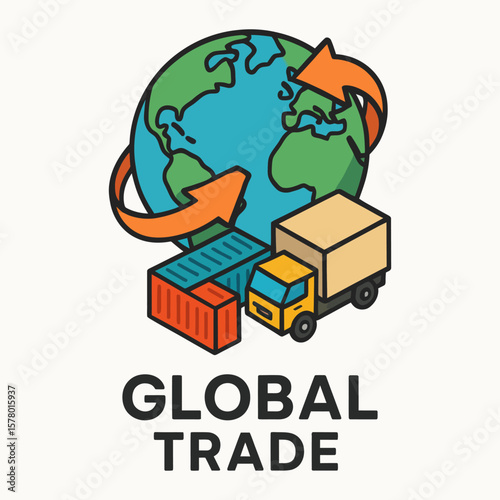 Worldwide shipping and logistics with truck and globe, vector.