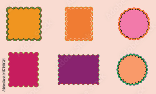 Set of Wavy Scalloped Rectangular and Oval Frames, Retro Vector Illustration Collection