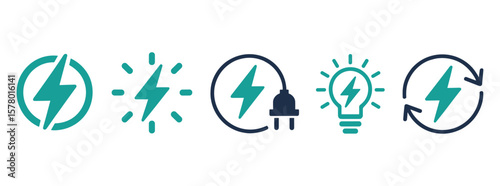 Collection of Energy Icons Power, Lightning, Plug, Bulb, and Renewal Symbols