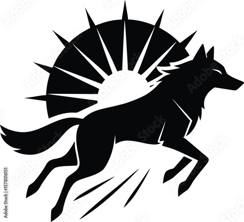 Black wolf leaping with sunburst behind animal white