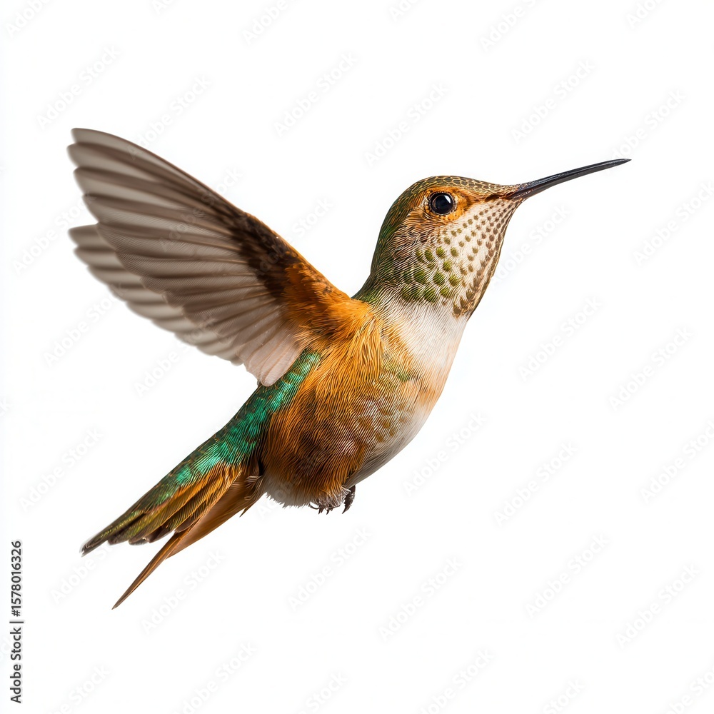 Fototapeta premium Graceful hummingbird in mid-flight with vibrant orange, green and white feathers against clean white background, showcasing detailed plumage and long beak in wildlife photography free copy space