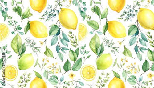 Watercolor lemon and herb pattern