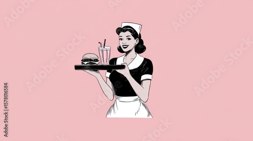 Retro diner waitress serving a burger and milkshake