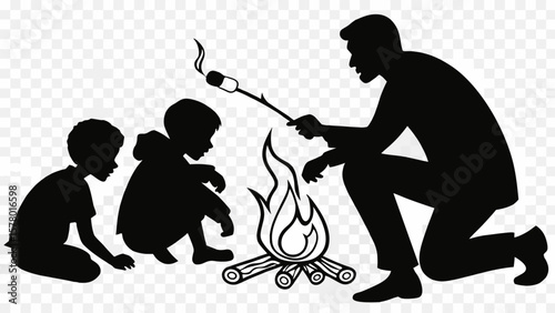 Family Campfire Silhouette – People Roasting Marshmallows Outdoor Summer Night Scene Vector for Camping 
