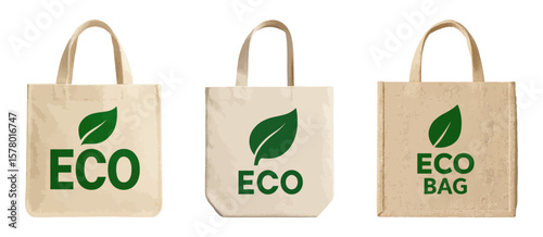 Three eco canvas tote bags with green leaf vector art.