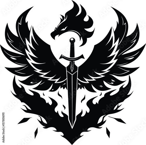 Fierce eagle head with flaming wings and sword emblem fire flames