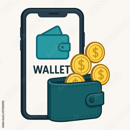 Vector illustration of smartphone wallet and golden coins.