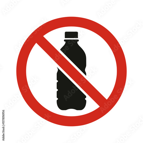 Vector symbol of plastic bottle crossed out with red circle.
