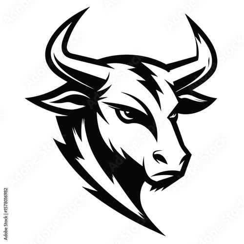 Fierce bull head with sharp horns and intense gaze black and white aggressive