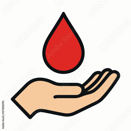 Vector icon of hand offering red blood drop for donation.