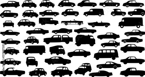 Retro car silhouettes set, large pack of vector silhouette design, isolated white background