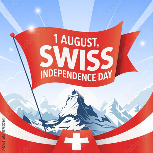 1 August, Swiss Independence Day background in national flag color theme. Vector illustration Swiss National Day. Celebration banner with waving flag. 
