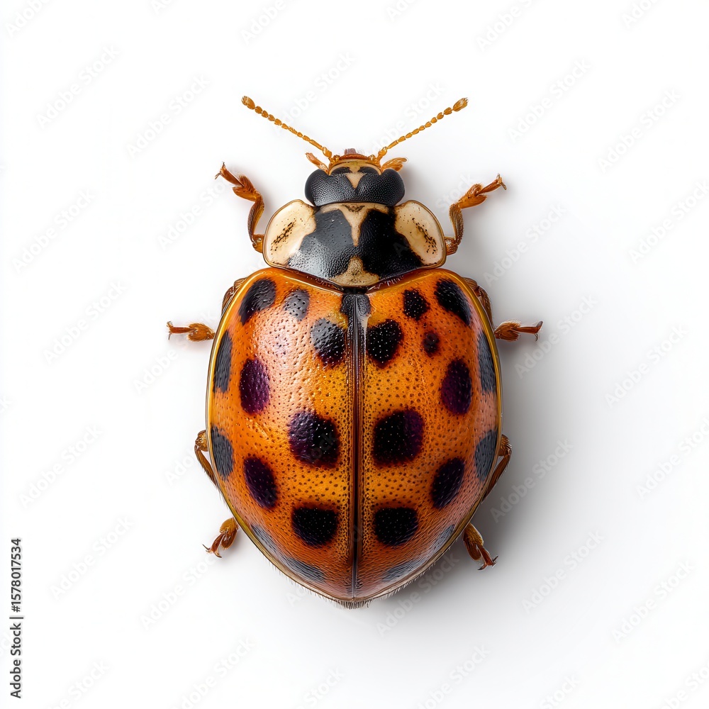 Fototapeta premium Detailed orange ladybug beetle with black spots photographed from above on clean white background, showing intricate anatomy and distinctive markings in scientific macro photography