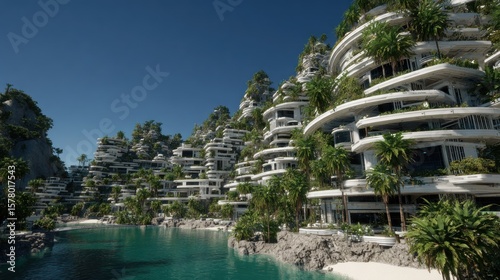 Coastal futuristic city nestled in a tropical paradise