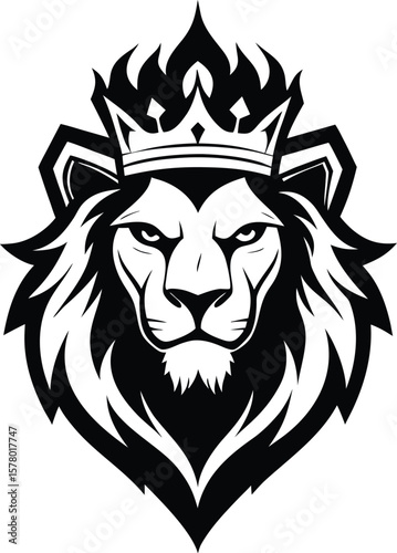 Majestic lion wearing a regal crown with fiery mane king