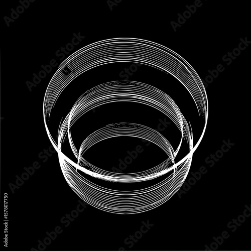 Abstract depiction of layered circular shapes in white against a stark black background artful design