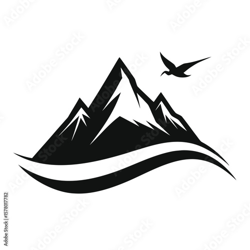 Majestic mountain peaks with soaring bird and flowing curves flying