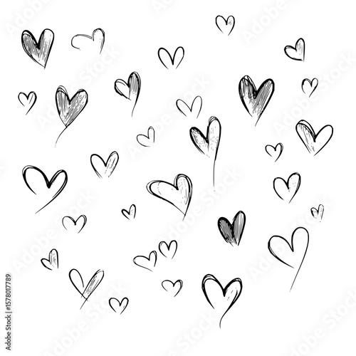 Collection of hand drawn hearts in various sizes and orientations scattered on a white background image