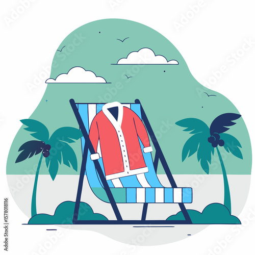 A red and white coat rests on a blue and white striped beach chair, set against a tropical backdrop with palm trees.