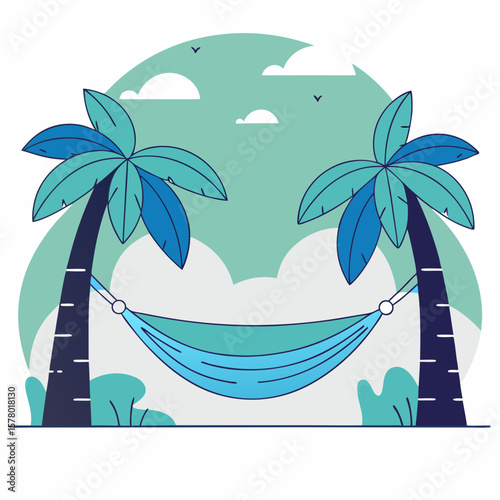 Relaxing scene featuring a hammock suspended between two palm trees under a cloudy sky.