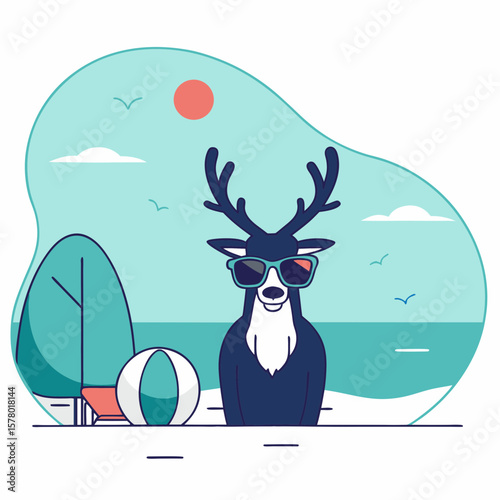 Cool deer relaxing on a beach with sunglasses, beach ball, and a summery background.