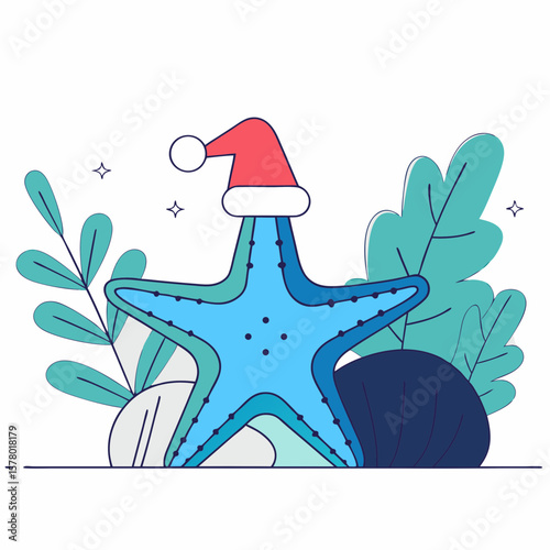 A stylized illustration of a starfish wearing a Santa hat, surrounded by foliage and abstract shapes.