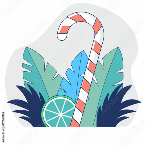 A whimsical illustration featuring a candy cane, lime slice, and lush foliage.
